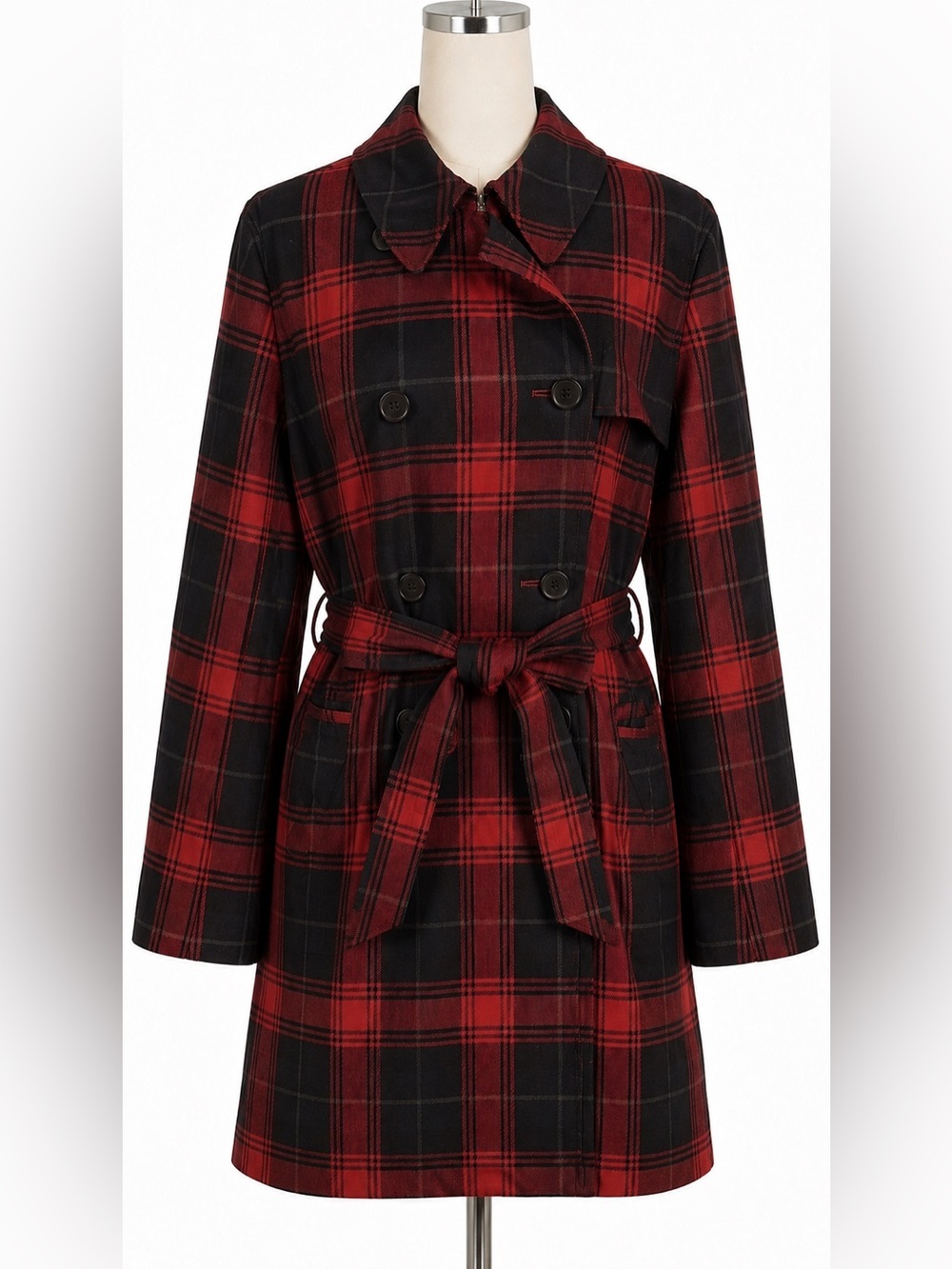 Red. Black, yellow navy- Plaid belted Trench Coat- American Living. Size Large